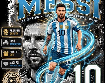May include: A graphic design featuring Lionel Messi in an Argentina jersey, number 10, with a soccer ball. The design includes the text "MESSI", "ARGENTINA GOAT", and "WORLD CHAMPION LEGEND". Additional text includes "PREMIUM QUALITY", "HIGH RESOLUTION", and "PERFECT GIFT".