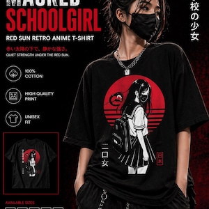 May include: Black unisex t-shirt with a graphic of a masked schoolgirl in front of a red sun. The shirt has the text "MASKED SCHOOLGIRL" and "RED SUN RETRO ANIME T-SHIRT". Made of 100% cotton.