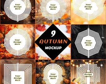 Wind spinners mockup template bundle, set of nine png template for wind spinner mockup, 9 different shapes and backgrounds, Fall Theme