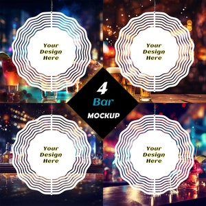 May include: Four white circular frames with the text "Your Design Here" hanging from chains in a bar setting. The frames are in front of a blurred background of a bar with lights and drinks.