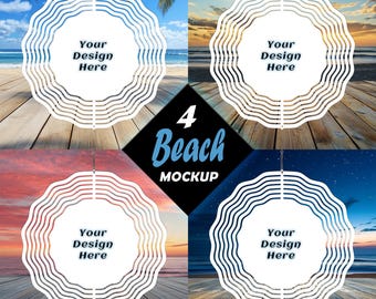 Set van vier windspinners mockup-sjabloonbundel, 4 x transparante strandachtergrond-png's voor sublimatie