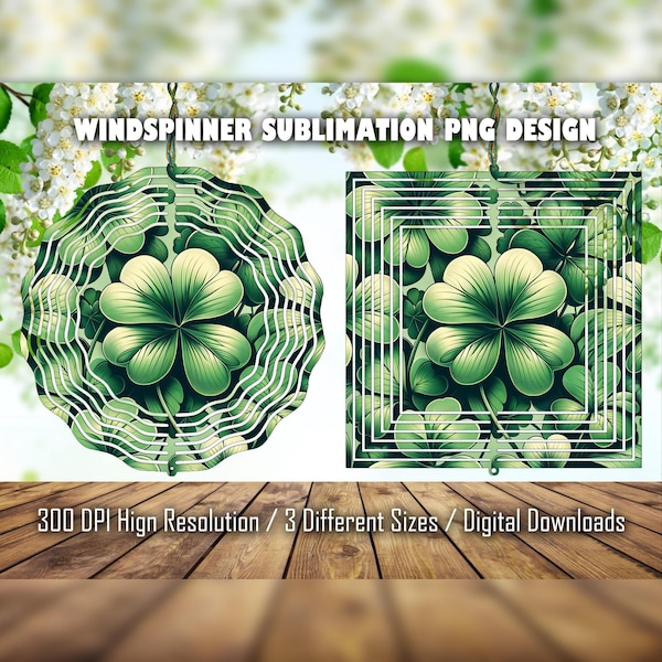 Four-leaf clover wind spinner sublimation designs png, house and garden decor digital download, 8 10 12 inch circular and square images