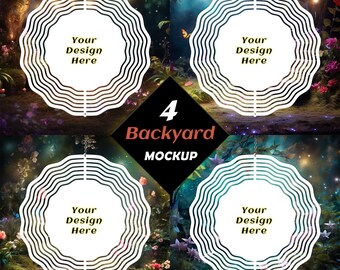 Set of Four Wind Spinner Mockup Template Bundle, 4 x Backyard garden view transparent background PNGs for sublimation