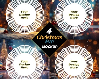 Set of Four Wind Spinner Mockup Template Bundle, Christmas Eve transparent background PNGs for sublimation