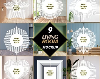 Living Room Wind spinners mockup template bundle, set of nine png template for wind spinner mockup, 9 different shapes and backgrounds