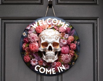 Skull Floral Door Hanger png, 12 inch circular image digital download, high resolution png for sublimation designs, welcome 12 inch sign