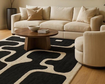 Modern Black and Beige Wool Rug – Abstract Curvy Design