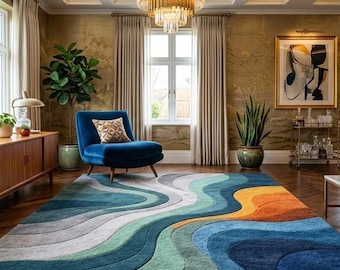 Abstract Wave Wool Rug, Colorful Hand Tufted Carpet, Modern Living Room Home