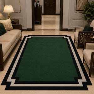Modern Green Area Rug, Geometric Border Rug, Handmade Tufted Wool Carpet, Minimalist Living Room Rug, Emerald Green Bedroom Rug, image 1