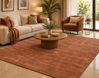 May include: A large, rectangular area rug in a solid, deep terracotta orange color with a soft, textured pile surface. The rug is positioned flat on a light-colored floor, covering a significant portion of the space in front of a sofa.