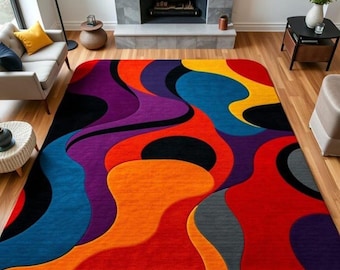 Hand Tufted Wool Rug, Abstract Wavy Design, Colorful Statement Carpet