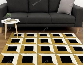 Tappeto in lana annodato a mano / Tappeto geometrico 3D nero, bianco e oro