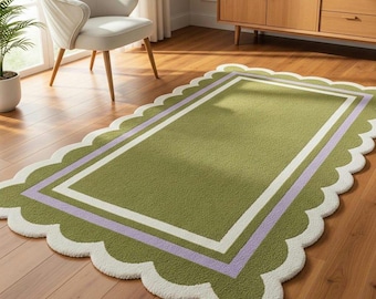 Hand Tufted Wool Rug | Olive Green, Scalloped Edge
