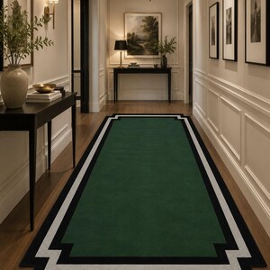 Modern Green Area Rug, Geometric Border Rug, Handmade Tufted Wool Carpet, Minimalist Living Room Rug, Emerald Green Bedroom Rug, image 5