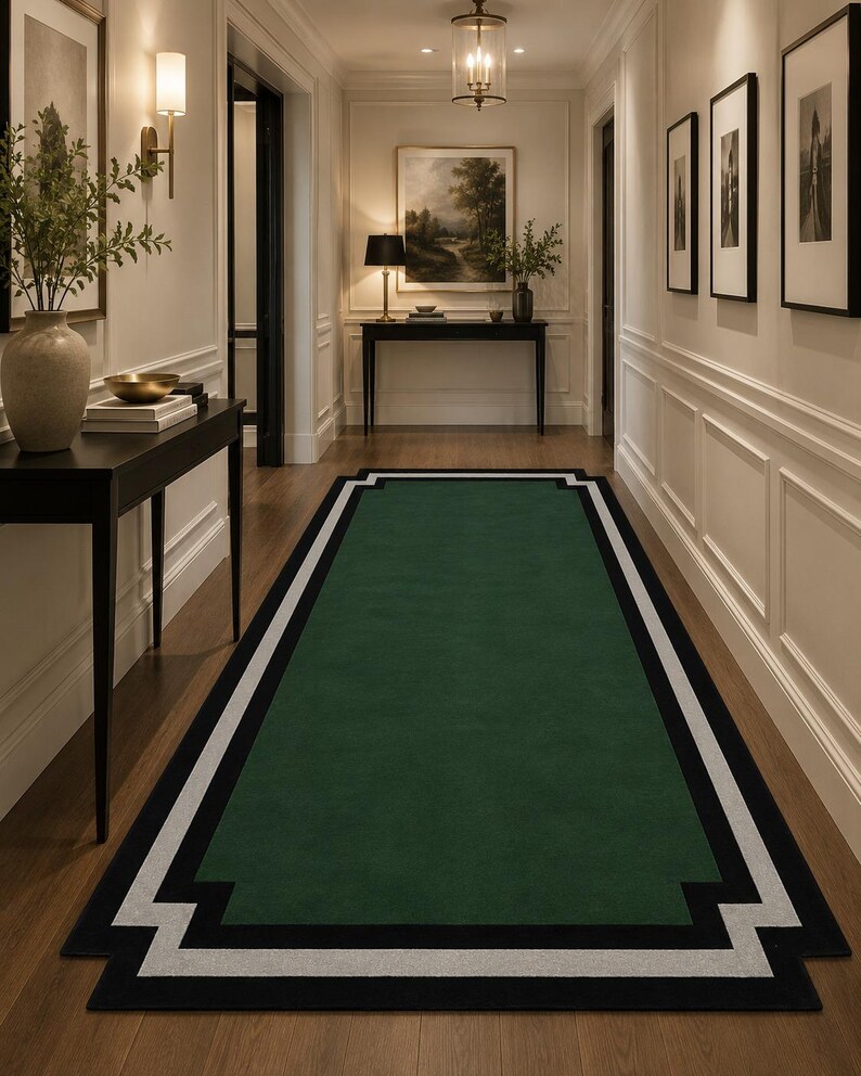 Modern Green Area Rug, Geometric Border Rug, Handmade Tufted Wool Carpet, Minimalist Living Room Rug, Emerald Green Bedroom Rug, image 5