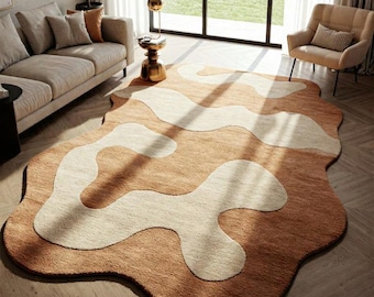 Abstract Wavy Wool Area Rug | Beige & Brown Irregular Carpet