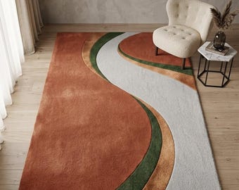 Modern Abstract Hand Tufted Rug, Terracotta Wool Area Rug, Contemporary Living Room Carpet, Custom Handmade Rug Decor