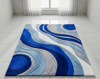 Modern Blue Abstract Hand Tufted Rug, Contemporary Wave Pattern Wool Area Rug, Luxury Living Room Carpet Custom Rug