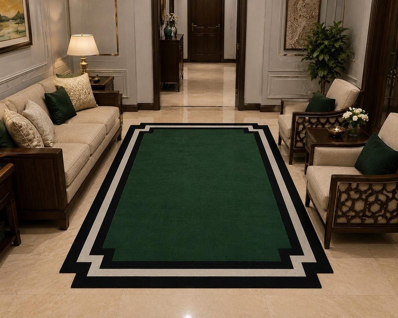 Modern Green Area Rug, Geometric Border Rug, Handmade Tufted Wool Carpet, Minimalist Living Room Rug, Emerald Green Bedroom Rug, image 1