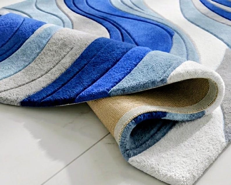 Modern Blue Abstract Hand Tufted Rug, Contemporary Wave Pattern Wool ...