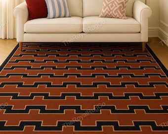 Handmade Wool Area Rug, Geometric Abstract Pattern, Rust Brown and Black