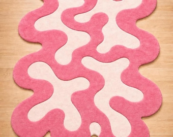 Abstract Pink Wavy Rug | Organic Shape Squiggle Rug | Irregular Tufted Area Rug | Funky Danish Pastel Room Decor | Y2K Aesthetic Bedroom