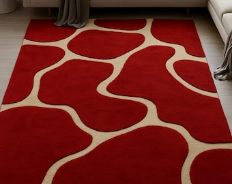 Alfombra abstracta moderna en rojo y beige / Alfombra contemporánea con estampado llamativo / Decoración suave para el suelo de la sala de estar / Alfombra hecha a mano de tamaño personalizado