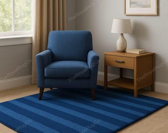 Handgefertigter Wollteppich | Moderner Blau Gestreifter Teppich