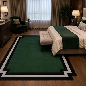 Modern Green Area Rug, Geometric Border Rug, Handmade Tufted Wool Carpet, Minimalist Living Room Rug, Emerald Green Bedroom Rug, image 2