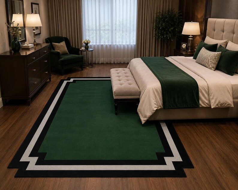 Modern Green Area Rug, Geometric Border Rug, Handmade Tufted Wool Carpet, Minimalist Living Room Rug, Emerald Green Bedroom Rug, image 2