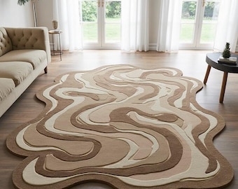 Hand Tufted Wool Rug | Beige Brown Wave, Irregular Shape