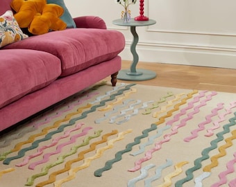 Alfombra de lana tejida a mano / Rayas onduladas modernas