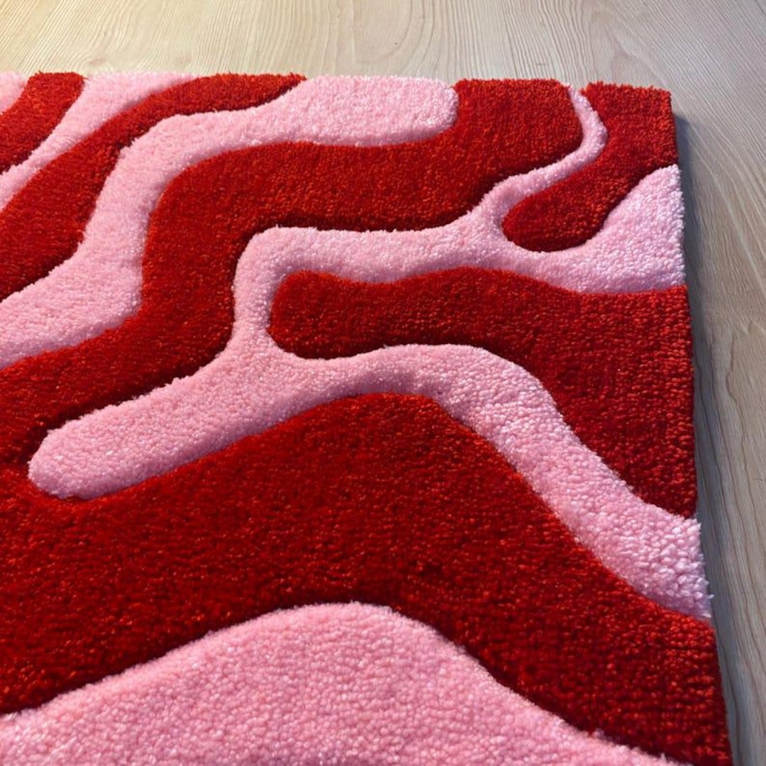Handmade Wool Area Rug – Pink and Red Wavy Abstract, Groovy Retro Decor ...