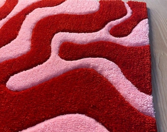 Handmade Wool Area Rug – Pink and Red Wavy Abstract, Groovy Retro Decor