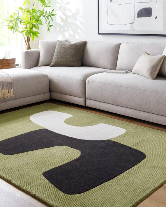 Modern Abstract Wool Rug | Green, Black & White Geometric Design