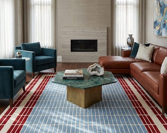Hand Tufted Wool Area Rug, Blue Red Geometric Grid Carpet, Living Room Decor