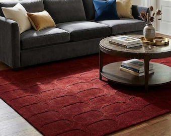 Modern dieprood gebeeldhouwd geometrisch vloerkleed - hooglaagpolig getextureerd bordeauxrood vloerkleed