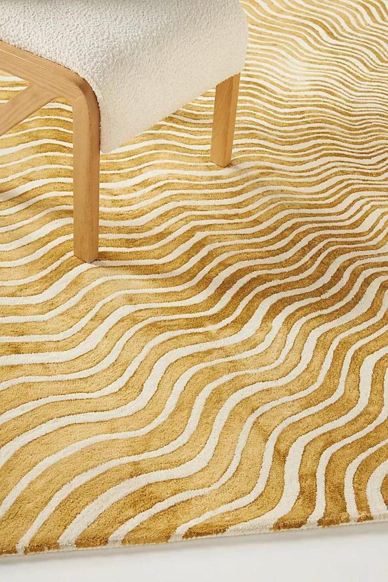Moevment Rugs Golden Wavy Sunbeam Wool Rug – Modern Geometric Area Carpet - Etsy
