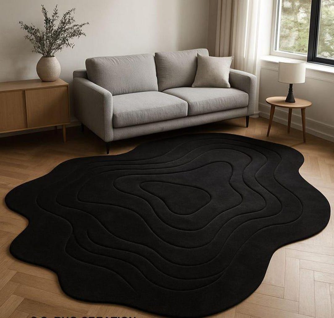 Modern Black Wool Area Rug – Fluid Abstract Shape, Contemporary Decor ...