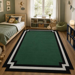 Modern Green Area Rug, Geometric Border Rug, Handmade Tufted Wool Carpet, Minimalist Living Room Rug, Emerald Green Bedroom Rug, image 3
