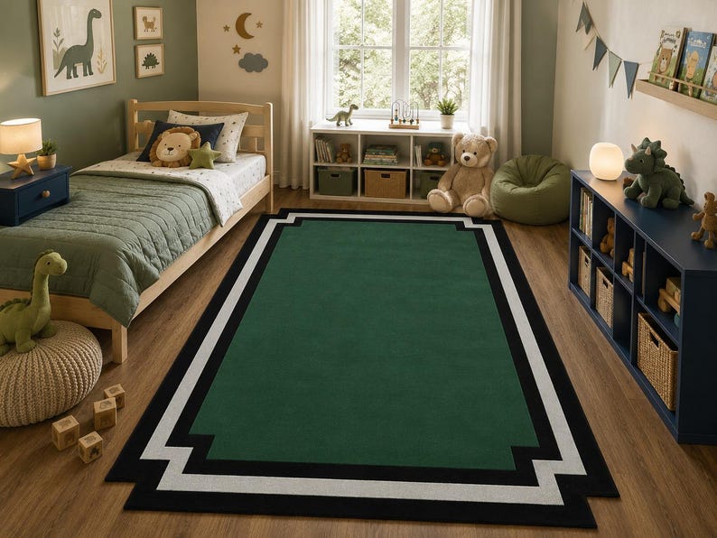 Modern Green Area Rug, Geometric Border Rug, Handmade Tufted Wool Carpet, Minimalist Living Room Rug, Emerald Green Bedroom Rug, image 3