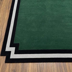 Modern Green Area Rug, Geometric Border Rug, Handmade Tufted Wool Carpet, Minimalist Living Room Rug, Emerald Green Bedroom Rug, image 4
