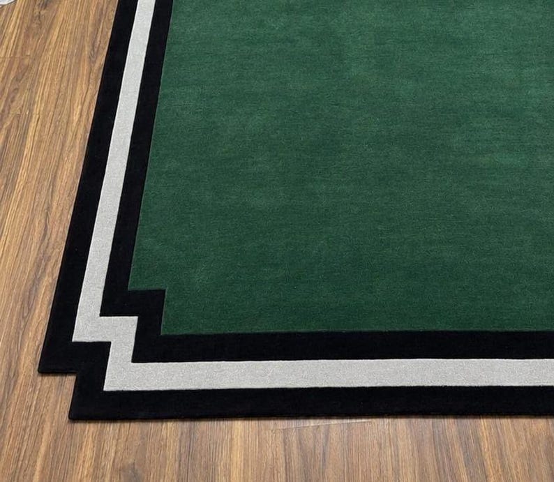 Modern Green Area Rug, Geometric Border Rug, Handmade Tufted Wool Carpet, Minimalist Living Room Rug, Emerald Green Bedroom Rug, image 4