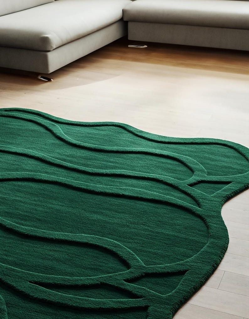 Modern Dark Green Wool Rug – Wavy Sculpted Edge, Irregular Shape - Etsy