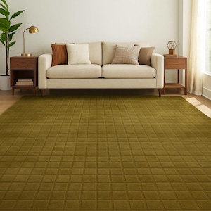 May include: A living room scene featuring a beige sofa with decorative pillows, flanked by wooden side tables. A large, olive-green area rug with a grid pattern covers the floor. A potted plant and a gold lamp add to the decor.