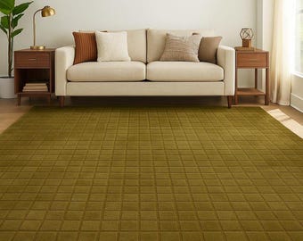 Handmade Olive Green Wool Rug, Tufted Square Texture Carpet