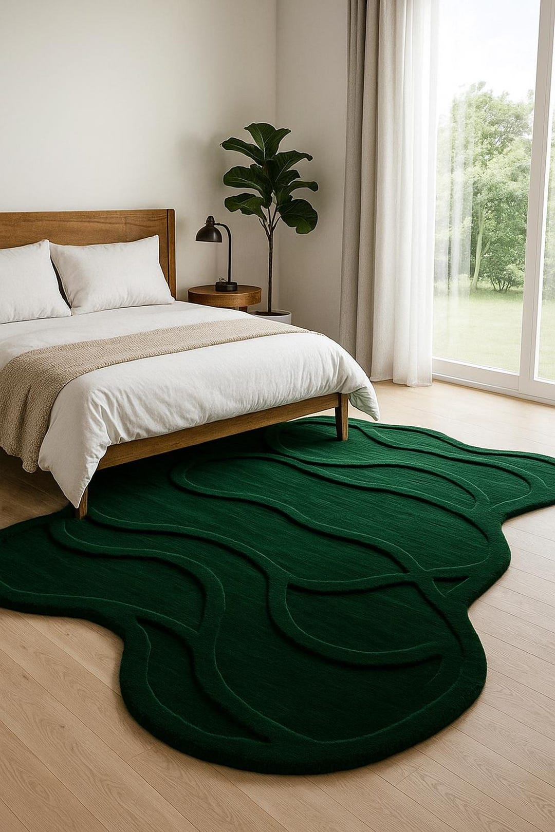 Modern Dark Green Wool Rug – Wavy Sculpted Edge, Irregular Shape - Etsy