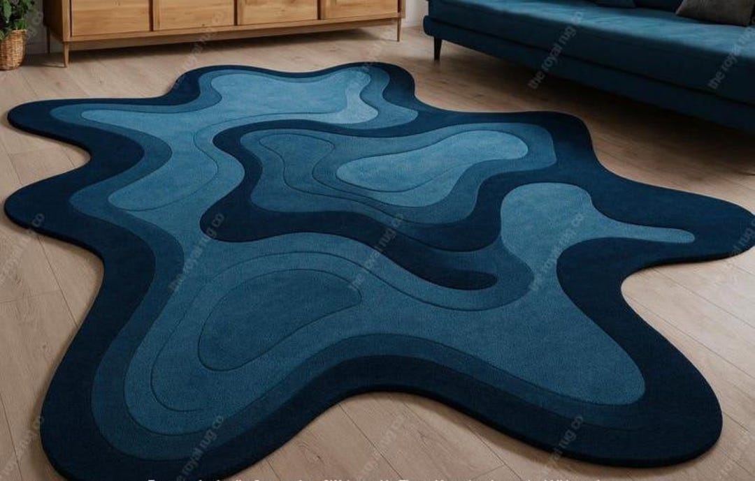 Modern Wavy Wool Area Rug, Blue Ocean Design - Etsy