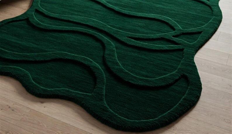 Modern Dark Green Wool Rug – Wavy Sculpted Edge, Irregular Shape - Etsy