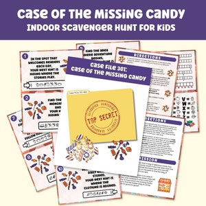 May include: A scavenger hunt game for kids called "Case File 301: Case of the Missing Candy". The game includes clues, directions, and a mission to find the missing candy. The game is designed for indoor use.